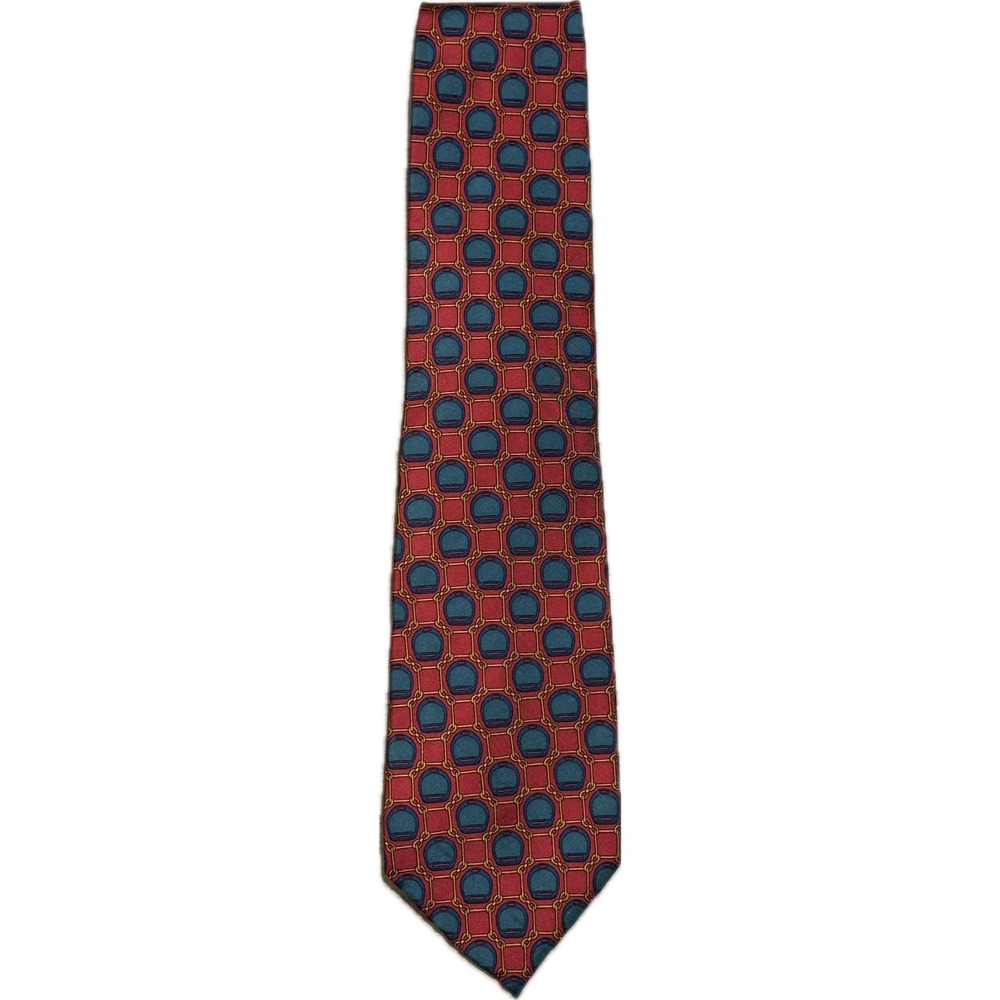 Christian Dior Monsieur Silk Tie Red Teal Equestrian Stirrup Chain Link Vintage